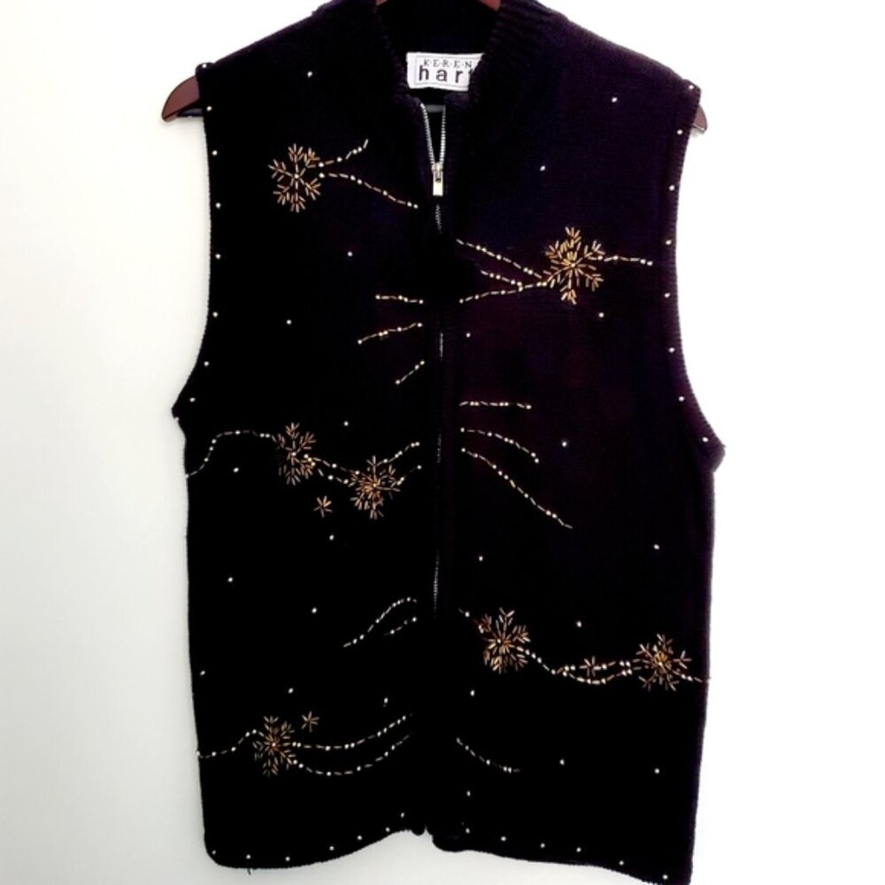 Keren Hart Women 1X Black Golden Beaded Snowflake Zip-up Christmas Sweater Vest